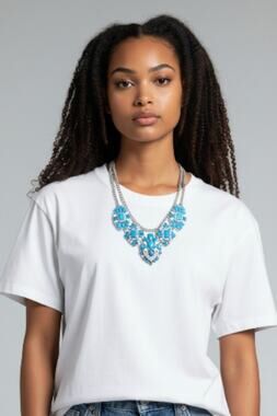 Statement Necklace Teal Acrylic Stones Clear Rhinestone Silver Tone Double Chain